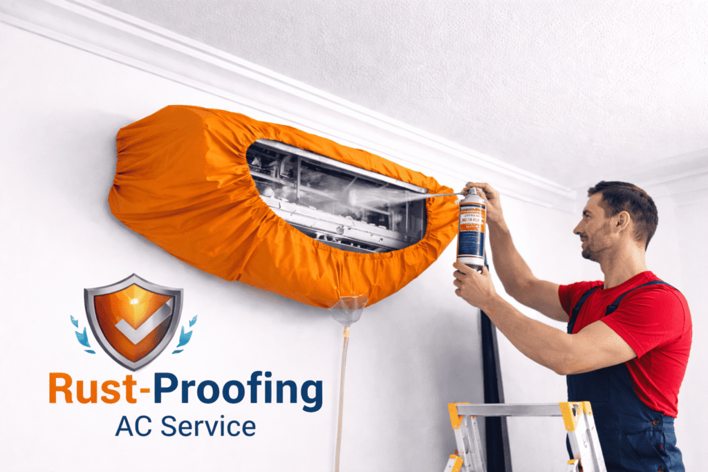 Technician applying rustproofing treatment on air conditioner unit