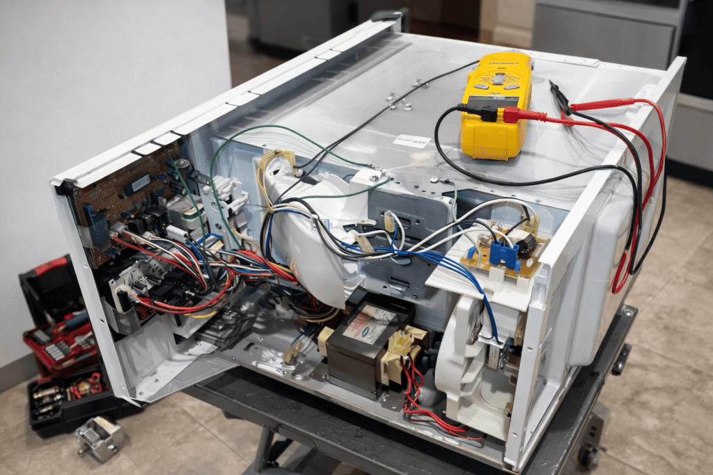 Technician repairing microwave oven at customer home
