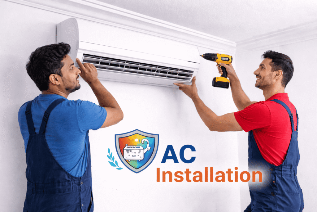 Technician installing air conditioner at customer home