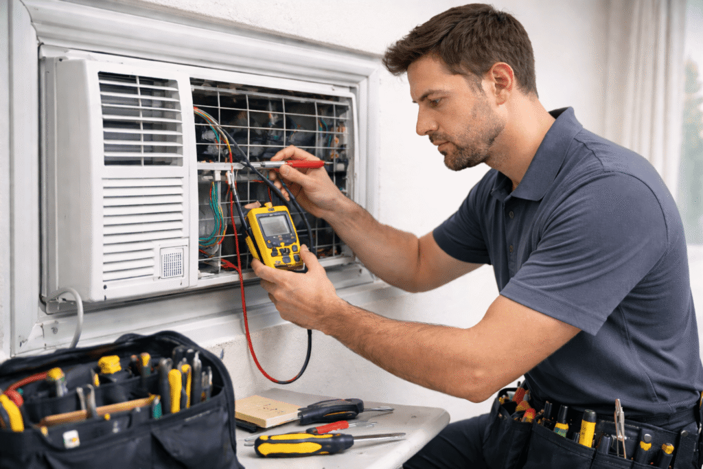 Technician repairing a window air conditioner at home