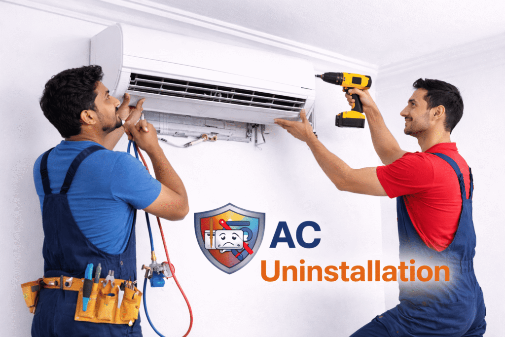 Technician uninstalling air conditioner at customer home