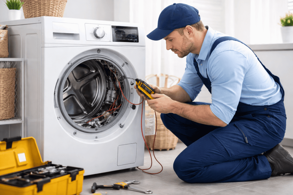 Technician repairing washing machine at customer home