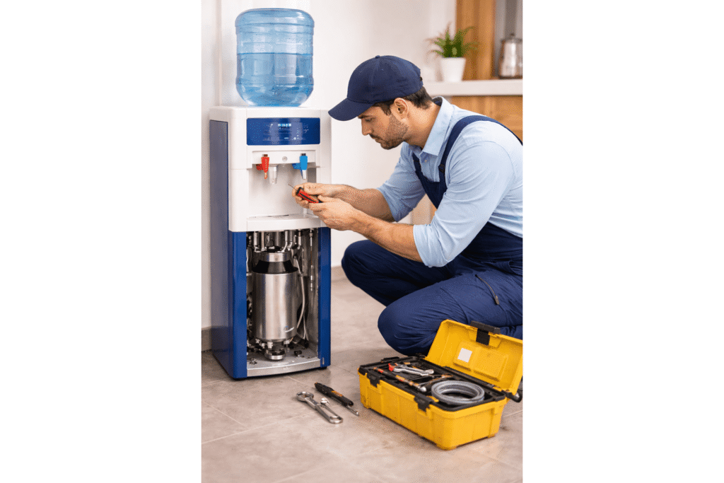 Technician repairing water dispenser at customer home