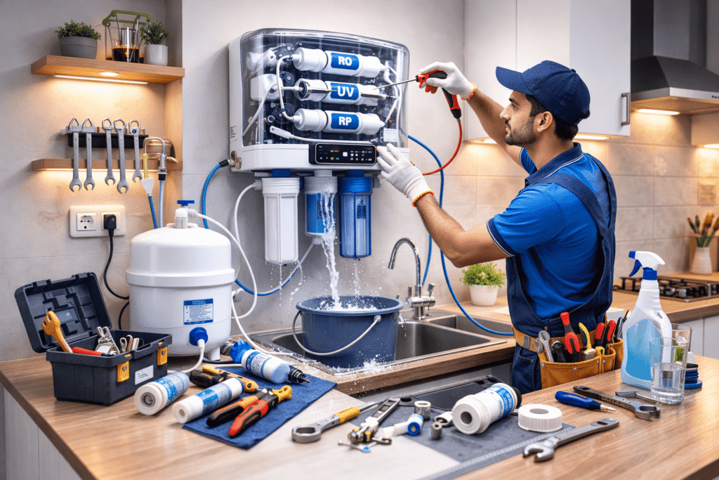 Technician repairing water purifier at customer home